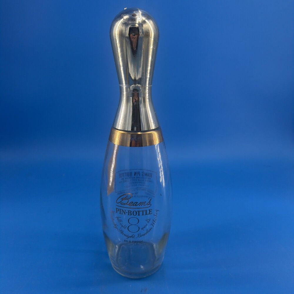 Vintage Jim Beam Bowling Pin 8 Yr Whiskey Decanter Bottle Empty Clear Glass Gold